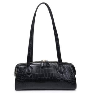 Nessa Croc Print Vegan Leather Shoulder Bag | Black